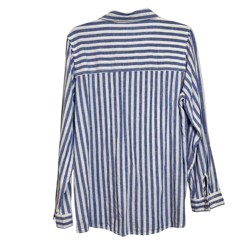 Nicole Miller‎ NY Blue White Stripe Linen Rayon Button Down Shirt  L Nautical - Picture 5 of 5